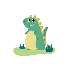 Funny little green dinosaur. Hand drawn vector illustration in flat cartoon style. Character for card, flyers, t shirt, print, banner, stickers, posters design.