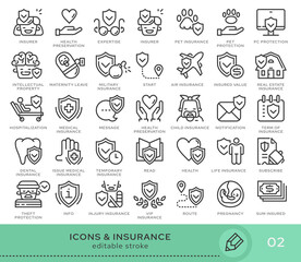 Set of conceptual icons. Vector icons in flat linear style for web sites, applications and other graphic resources. Set from the series - Insurance. Editable stroke icon.