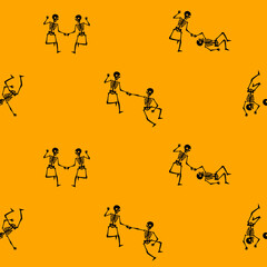 Dancing skeletons seamless pattern. Halloween skull background. Funny holiday wrapping, orange black colors textile, fabric, wallpaper, digital paper