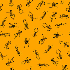 Skeleton dancers, seamless pattern for Halloween gift wrap, textile, background. Orange black design