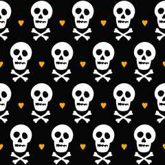 Skull crossbones and hearts, Halloween vector seamless pattern in black, white and orange color