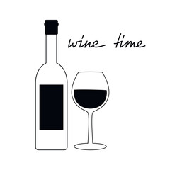Wine bottle and glass vector drawing illustration. Wine Time lettering. Hand drawn linear silhouette icon. Minimal design element for print, banner, card, wall art poster, brochure, postcard, logo.