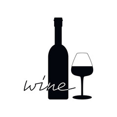 Flat silhouette of wine bottle and glass vector drawing illustration. Hand drawn flat icon. Minimal design element for print, banner, card, wall art poster, logo.