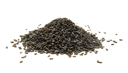 Heap of black sesame seeds isolated on white background