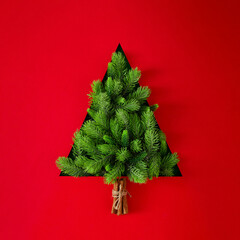 Christmas tree silhouette made of fir branches and cinnamon sticks on red background. Flat lay....