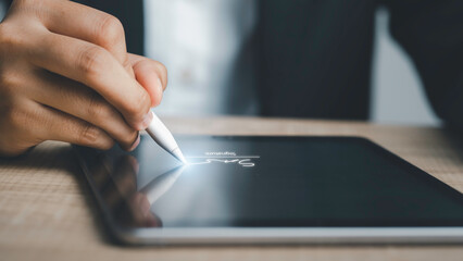 Paperless workplace and Digital Signature or e-signature concept. Businessman using stylus e-pen...