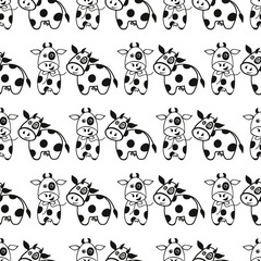 Black white cow seamless pattern, childish style background. Cartoon farm, country animals for baby fabric, textile, wrapping paper, backdrop, wallpaper