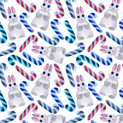 Watercolor Christmas pattern with bunny, candy canes. For the design of postcards, textiles, printed products, children's illustrations.