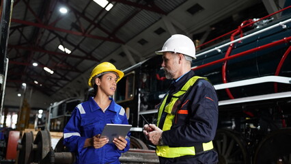 Group of apprentices with instructor at railway engineering facility. Teacher talking to...