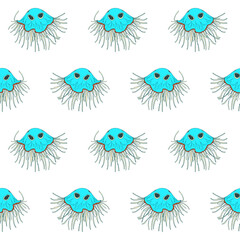 Neon blue jellyfish seamless pattern. Marine underwater ocean or sea animal background