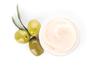 Jar of natural olive cream on white background