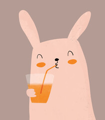 Obraz premium Sweet Nursery Vector Art with Pink Hand Drawn Bunny on a Brown Background. Cute Prints with Rabbit Drinking Carrot Juice ideal for Card, Poster, Wall Art. No Text. Easter Bunny.