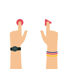The index finger presses the button. Hands with a watch and a bracelet. Vector illustration in a flat cartoon style.