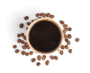 Paper cup of coffee and beans on white background