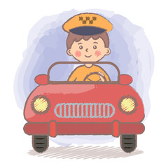 Taxi driver kid. Taxi driver child sit behind the wheel. Driver with red car. Career day in kindergarten. Profession. Colorful isolated vector illustration for kids. 