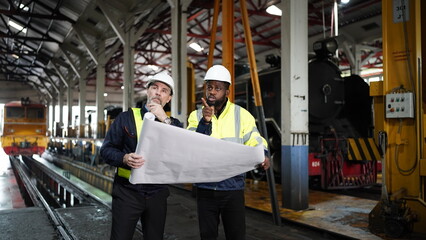 Engineers in discussion in machine maintenance in factory. Group of Industrial Engineers with Blueprint against trains and machinaries industry background. Studying Blueprint with Superior