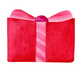 Watercolor gift box with pink ribbon. Watercolor Christmas illustration.