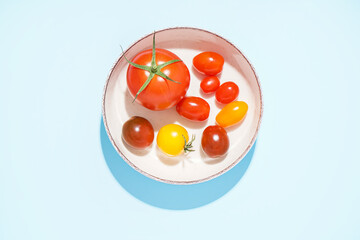 Bowl with fresh tomatoes on color background