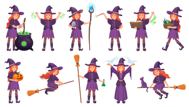 Young witches witchcraft. Redhead witch on broomstick, halloween broom comic wizard lady in dress, cartoon magic girl fairy woman magician character, ingenious vector illustration