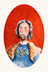 Watercolor oval portrait of middle aged man in blue historical costume with collar. Medieval male - prince, earl, king, duke or lord. Colorful hand drawn character illustration
