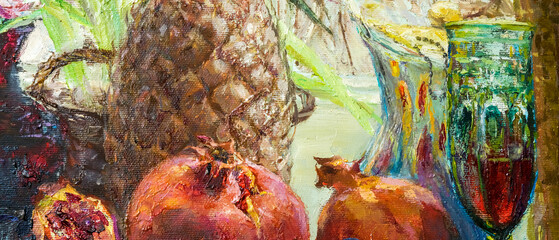 Still life with pomegranate, pineapple and grapes fruit. Oil painting on canvas.