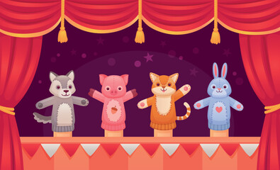 Puppet show. Kid doll theater, animal puppets performance on stage theatrical scenery, fairytale story children marionette toys from sock zoo dolls, ingenious vector illustration