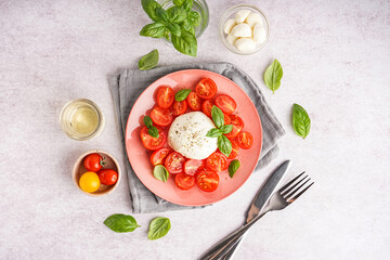 Composition with tasty mozzarella cheese, tomatoes, basil and oil on light background - obrazy, fototapety, plakaty