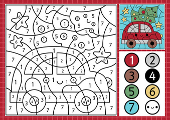 Vector Christmas color by number activity with cute kawaii car and decorated fir tree. Winter holiday scene. Black and white counting game with automobile. New Year coloring page for kids.