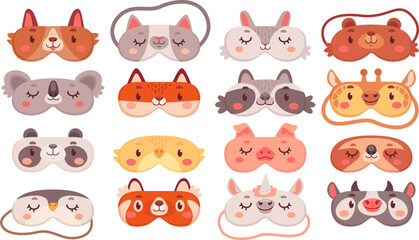 Dreaming masks. Blindfold with drawing cute animal or cat face, eyemask sleeping time for travel dream, pajama party sleep eye mask spa girl nightwear ingenious vector illustration