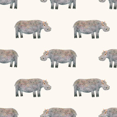 Hippopotamus seamless pattern. Colored pencils drawing African, tropical, zoo, savannah wild animal. Abstract  illustration of hippo. Safari wallpaper, kid fabric, digital paper, textile
