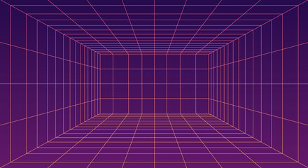 Futuristic 3D wireframe room. Perspective grid. Futuristic digital hallway space in virtual reality