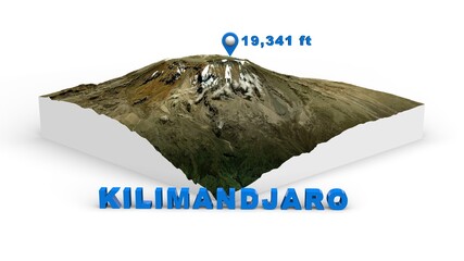3D map of kilimandjaro with elevation in feet - obrazy, fototapety, plakaty
