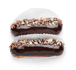 Tasty chocolate eclairs isolated on white background
