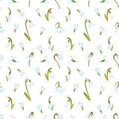 Hand drawn watercolor snowdrop flowers and leaves seamless pattern on white background. Can be used for textile, Scrapbook design, banner, greeting card, invitation.