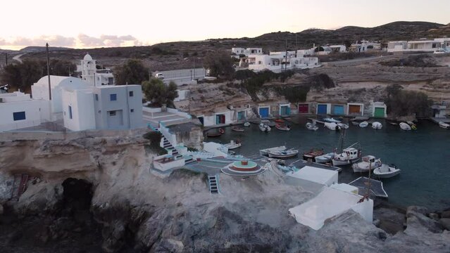 Mandrakia Fishing Village Aerial View in Aegean Sea, Cyclades Island, Greece