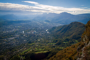 Le Sappey en Chartreuse 10 2022 
view from the heights of Fort Saint Eynard over Grenoble's valley and its mountains - obrazy, fototapety, plakaty