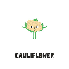 Cartoon cauliflower with face, hands, legs. Funny vector illustration of happy vegetable. Childish style design for positive poster, t-shirt, card, wall print
