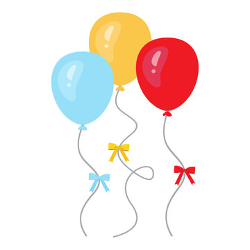 3 colorful balloons with bow vector set, flat design illustration. Red, Yellow, Blue Balloons
