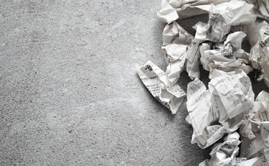 Moscow, Russia, December 2020: Many crumpled receipts from stores. The concept of shopping and...