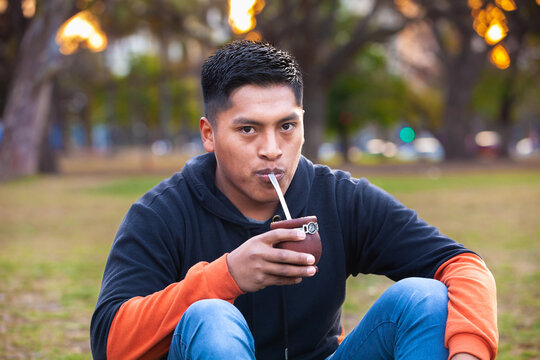 Attractive Young Man Drinking Yerba Mate, Herbal Tea