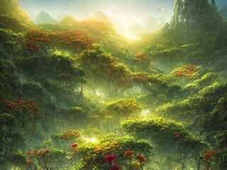 Colorful fantasy rain forest landscape illustration