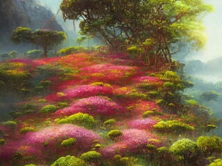 Colorful fantasy rain forest landscape illustration