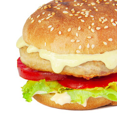 Tasty fast food burger with beef, onion, cucumbers and salad american style