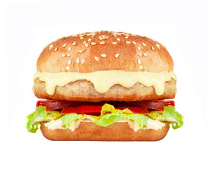 Tasty fast food burger with beef, onion, cucumbers and salad american style