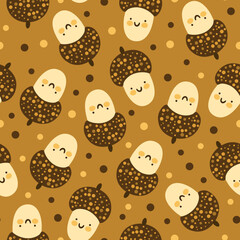 Autumn Vector Seamless Pattern With Cute Cartoon Smiling Acorns and Dots on a Brown Background. Children's print, textile design, packaging paper. Funny Forest Characters.