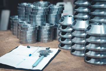 Steel products processed on a CNC turning and milling machine, tested by the Quality Control Department. Close-up