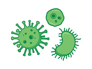 Green bacteria virus cells microbes icon set vector. Green virus, cells and bacteria icon set vector isolated on a white background