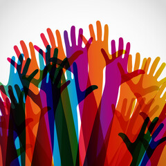Hands on a light background. Colorful silhouettes arms.  Vector team, help, friendship symbol illustration.