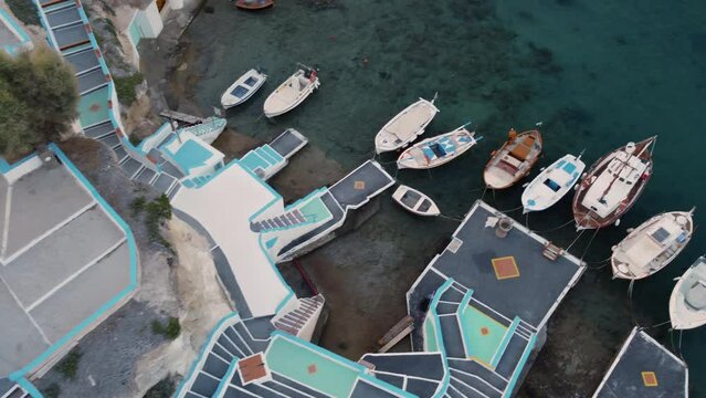 Mandrakia Fishing Village Aerial View in Aegean Sea, Cyclades Island, Greece