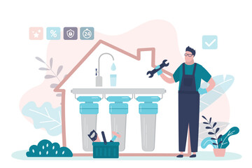 Plumber installs water purification system in house. Male specialist with tools engaged in maintenance of liquid filters. Home water filtration installation services.